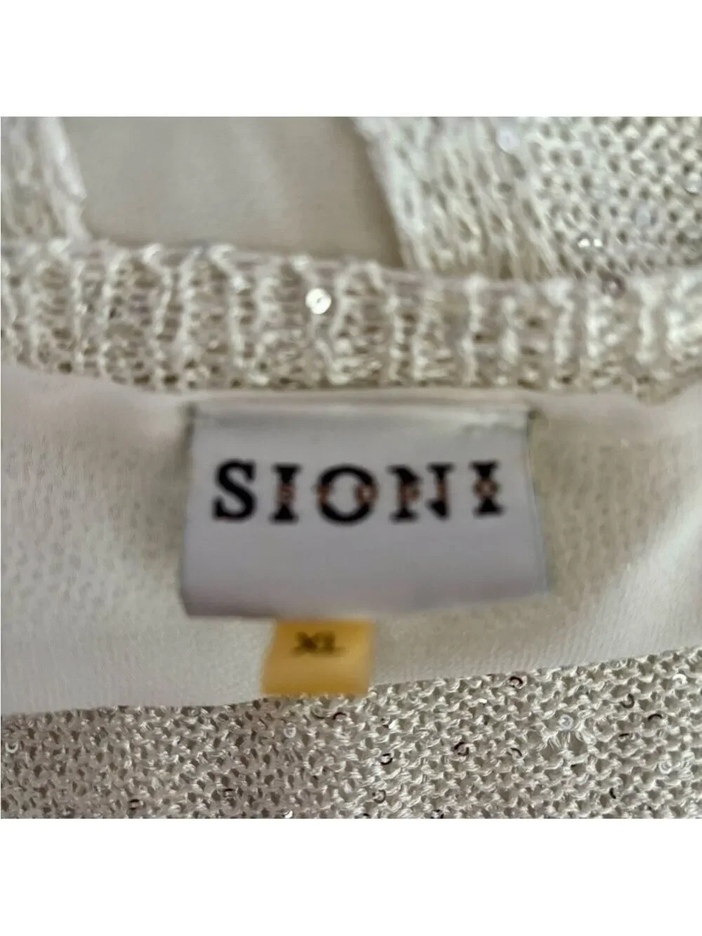 Sioni Winter White Sparkle Sweater XL – Hi-Lo Hem, Chiffon Lining, Rhinestone